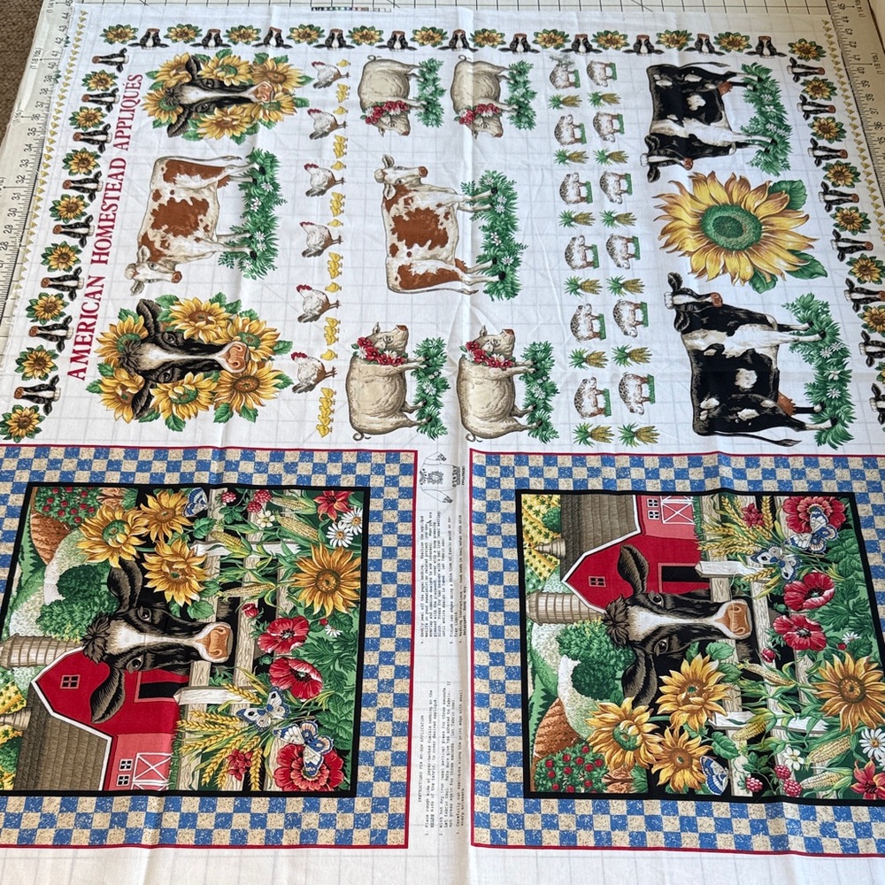 Vintage American Homestead Appliqué Fabric Panel – Cows, Barn, Sunflowers